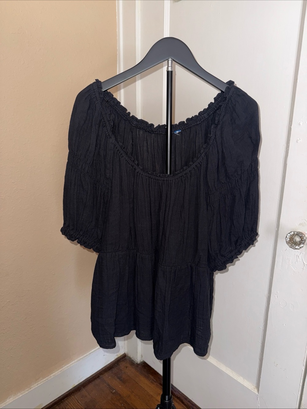 GAP Black Gauzy Cotton Puff Sleeve Babydoll Peplum Peasant Tunic Top